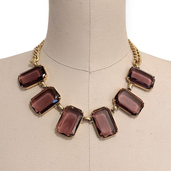Vintage Art Deco Gold Tone Amethyst Glass Necklace - Picture 7 of 8